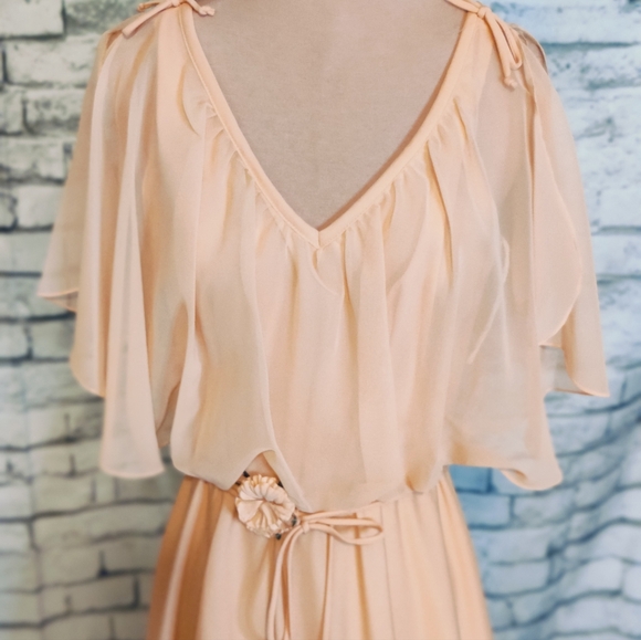 Vintage 70s melon Maxi Dress chiffon cape Super full   skirt shoulder ties SM - Picture 2 of 12